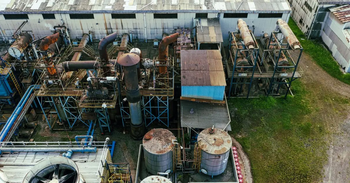 An aerial view of interconnected industrial storage facilities